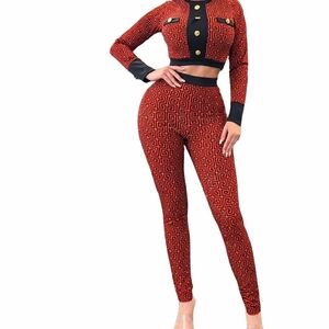 Red Geo-Print High-Waist Leggings with Matching Crop Jacket